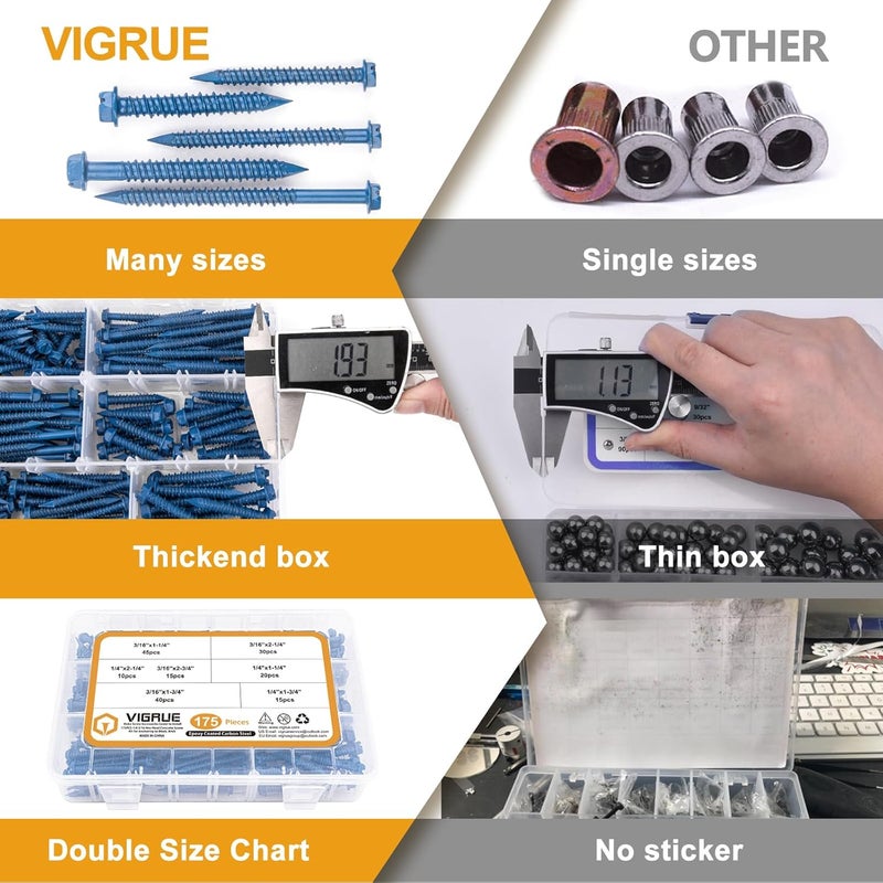 VIGRUE Concrete Screws Assortment Kit 1/4" x 1-1/4" to 2-1/4" and 3/16" x 1-1/4" to 2-3/4" 175PCS Hex Head Cement Screws Set Diamond Point for Anchoring to Masonry, Block or Brick - Image 4